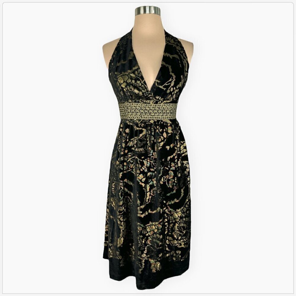 Cynthia Steffe Black Metallic Gold Velvet Burnout Halter Dress Evening Party 6